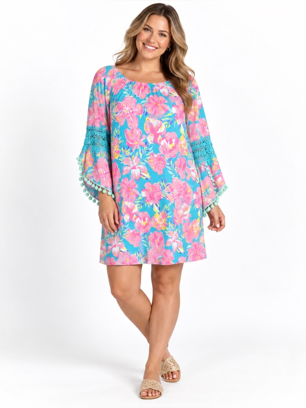 Simply Southern Floral Pom Pom Trim Bell Sleeve Boho Shift Dress Pink Blue XL